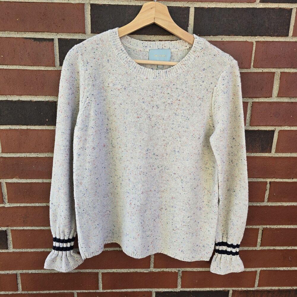 SKIES ARE BLUE Women's Pullover Sweater Sz Small Ruffle Cuffs, Rainbow Dots